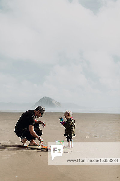 Vater und Kleinkind spielen mit Sand am Strand  Morro Bay  Kalifornien  Vereinigte Staaten