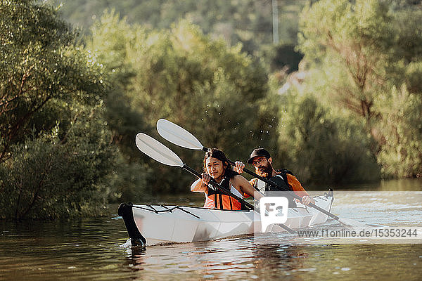 Friends kayaking in lake  Kaweah  California  United States