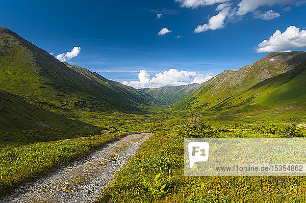 A view of the Palmer Valley Road near Hope  Alaska on a sunny summer day in South-central Alaska; Alaska  United States of America
