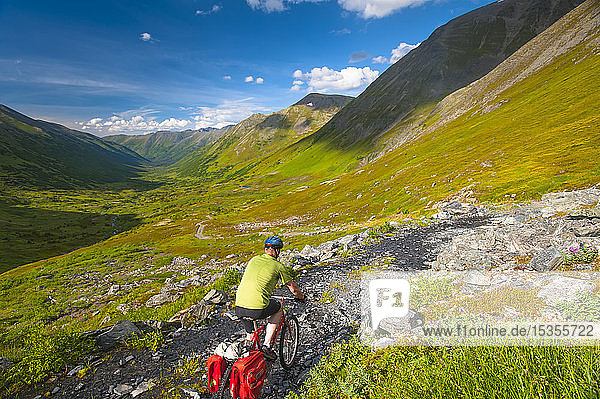 A man riding his mountain bike on the Palmer Valley Road near Hope  Alaska on a sunny summer day in South-central Alaska; Alaska  United States of America