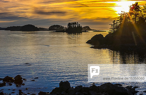 Winter sunset looking over Crescent Bay; Sitka Alaska United States of America