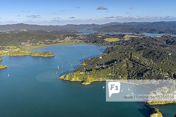 Aerial view of the Bay of Islands with islands and sailboats  Far North District  North Island  New Zealand  Oceania