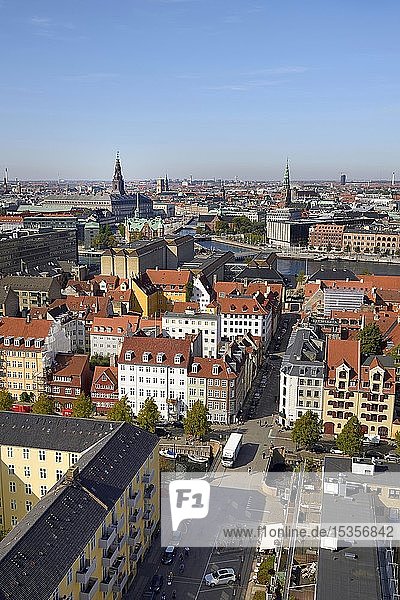 View over the old town from the tower of the Church of the Redeemer  district Kristianshafen  Copenhagen  Denmark  Europe