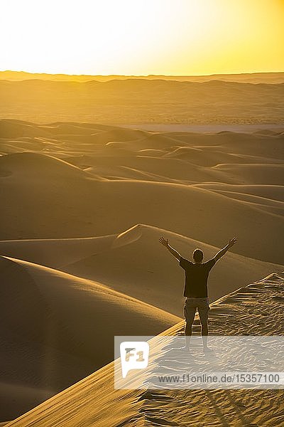 Mensch genießt den Sonnenuntergang in den riesigen Sanddünen der Sahara Timimoun Algerien Afrika