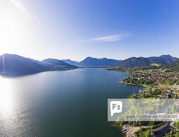 Lake Tegernsee  on the right Bad Wiessee  behind Tegernsee and Rottach-Egern  Mangfall mountains  drone shot  Upper Bavaria  Bavaria  Germany  Europe