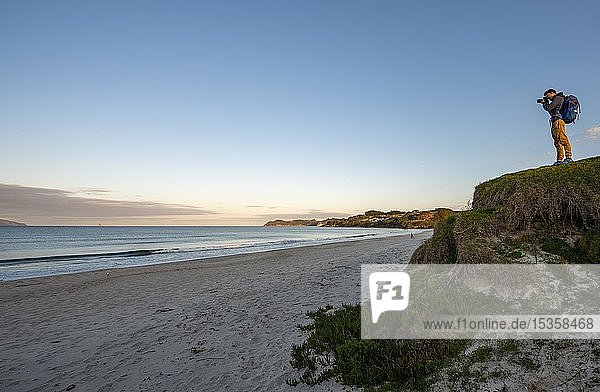 Junger Mann beim Fotografieren  Waipu Beach bei Sonnenuntergang  Waipu Cove  Northland  Neuseeland  Ozeanien