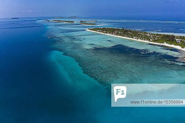 Aerial view  lagoon of the Maldives island Bodufinolhu or Fun Island resort  South Male Atoll  Maldives  Asia