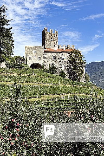 Burg Hochnaturns oberhalb von Naturns Höhenburg aus dem 13. Jahrhundert romanischer Wohnturm Vinschgau Südtirol Italien Europa