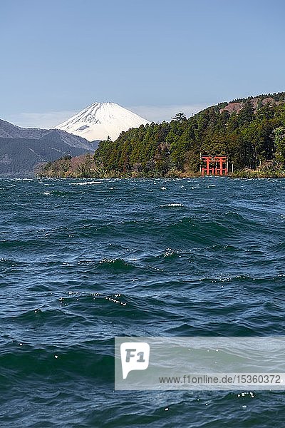 Ashi Lake  Hakone Jinjya Heiwa-no-Torii  Hakone Shrine  rear Mount Fuji  Hakone  Fuji Hakone Izu National Park  Japan  Asia