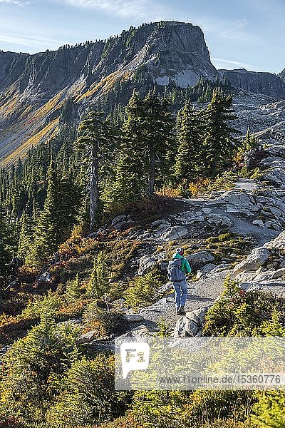 Female hiker on hiking trail at Artist Point  mountain landscape in autumn  Tabletop Mountain in the back  Mount Baker-Snoqualmie National Forest  Washington  USA  North America