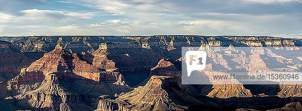 Panorama  Canyon landscape in the evening light  Grand Canyon  South Rim  Grand Canyon National Park  Arizona  USA  North America
