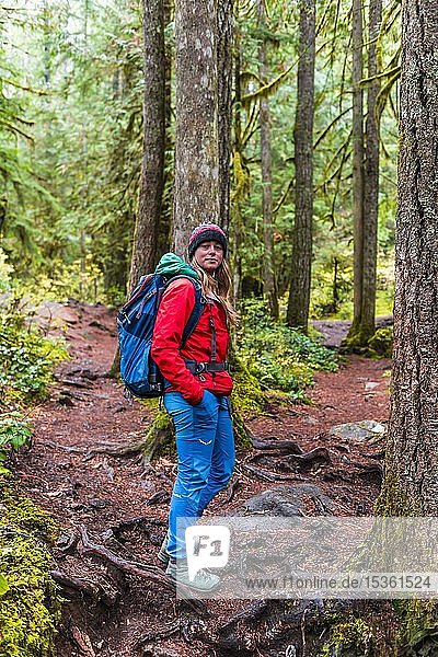 Hiker on hiking trail in rainforest  Mount Baker-Snoqualmie National Forest  Washington  USA  North America