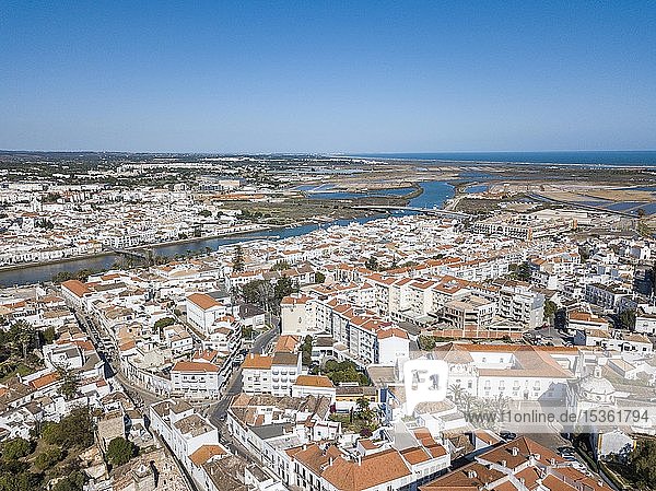 City view with fishermen's town with Gilao river  Tavira  drone shot  Algarve  Portugal  Europe