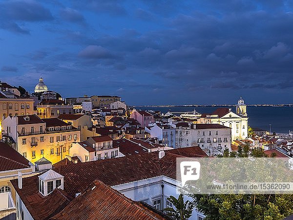 View from Miradouro Santa Luzia to the old town  evening sky  Alfama district  Lisbon  Portugal  Europe