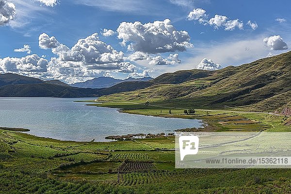 Grüne Felder im Hochland mit Laguna Asnacocha bei Cusco Peru Südamerika