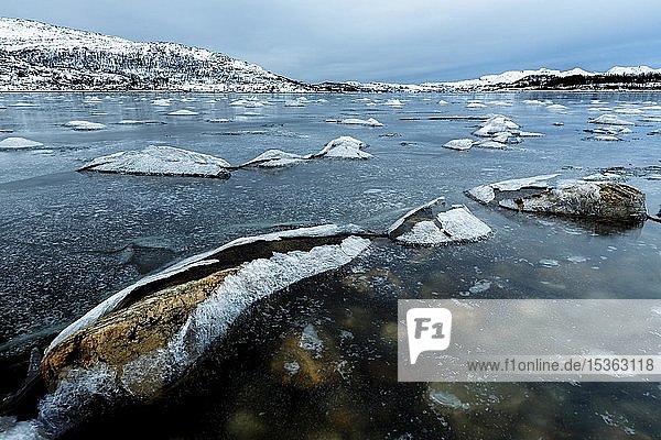 Zugefrorener Fjord Eisplatten bei Ebbe im Skarsfjord Tromsö Norwegen Europa