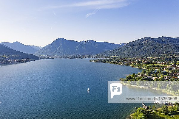Lake Tegernsee  Bad Wiessee on the right  Tegernsee on the left  Wallberg  Mangfall mountains  drone shot  Upper Bavaria  Bavaria  Germany  Europe