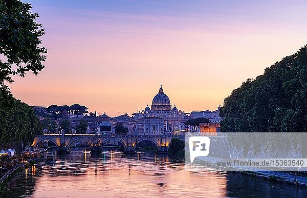 Saint Peter's Basilica with Sant' Angelo's Bridge over Tiber at sunset  Rome  Italy  Europe