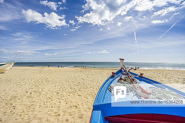 Blue  fishing boat on the sandy beach in Armacao de Pera  Algarve  Portugal  Europe