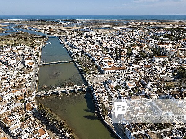 Aerial view,  city view with Roman bridge,  Tavira,  Algarve,  Portugal,  Europe