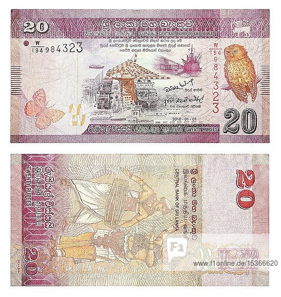 Banknoten 20 Sri Lankanische Rupien  Vorder- und Rückseite  Sri Lanca
