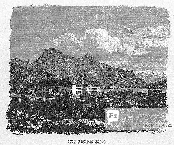 Schloss Tegernsee  Zeichnung von W. Scheuchzer  Kupferstich von J. Riegel  Stahlstich von 1840-1854  Königreich Bayern  Deutschland  Europa