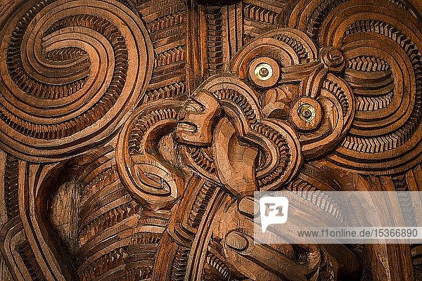 Figur  Gesicht  traditionelle Maori-Schnitzerei in der Versammlungshalle Te Whare Runanga  Waitangi  Far North District  Northland  Nordinsel  Neuseeland  Ozeanien