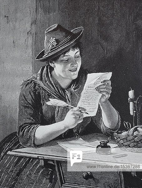 An den Schatz  gemalt von R. Epp  Bäuerin  schreibt ihrem Geliebten einen Brief mit der Feder  1885  historischer Holzschnitt  Deutschland  Europa