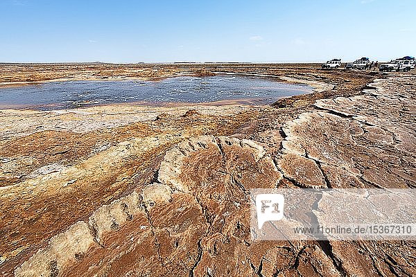 Salzsee mit geothermischer Quelle und versteinerten Salzkristallen  Danakil-Tal  Äthiopien  Afrika