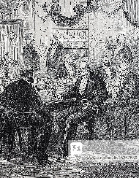 Tabakschule Gruppe von Männern zum Tabakgenuss historische Illustration 1880 Deutschland Europa
