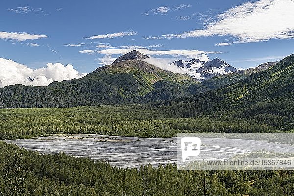Blick in den Kenai Fjords National Park  breites Flussbett und Berge  Alaska  USA  Nordamerika
