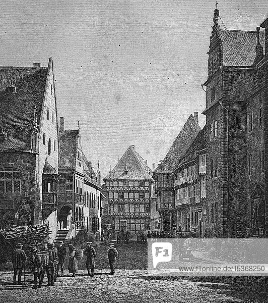 Market square Holzmarkt  Halberstadt  Saxony-Anhalt  from an original print from the 19th century  Germany  Europe