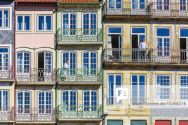 Colorful facades with balconies  Ribeira district  Cais da Ribeira  promenade  Porto  Portugal  Europe