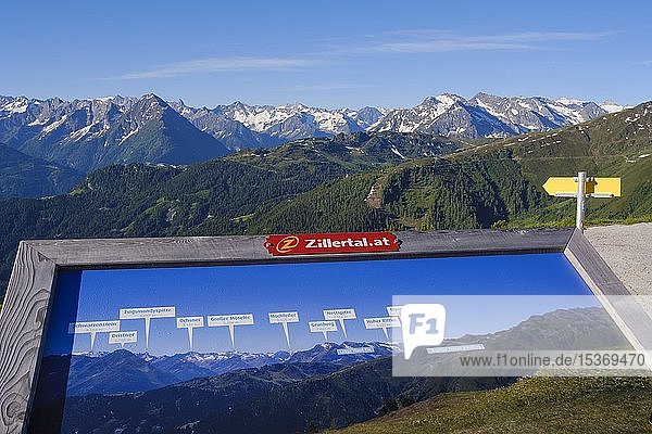 Information board with mountain panorama and peaks of the Zillertal Alps view from Zillertaler Höhenstraße Zillertal Tyrol Austria Europe