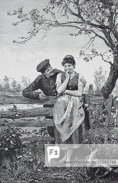 Junges verliebtes Paar auf dem Lande  sie ist Bäuerin  er ist Soldat  an einem Zaun im Freien stehend  1889  historischer Holzschnitt  Frankreich  Europa