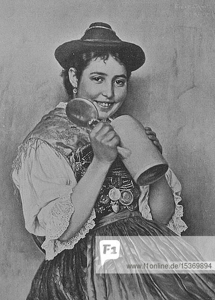 Bayerische Frau in Tracht und mit Bierkrug in der Hand  Bayern  1899  historische Illustration  Deutschland  Europa