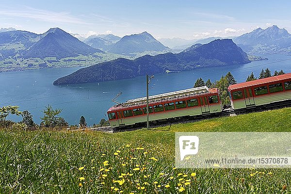 Zahnradbahn zur Rigi  hinter dem Vierwaldstättersee mit Bürgenstock  Stanserhorn und Pilatus  Vitznau  Kanton Luzern  Schweiz  Europa
