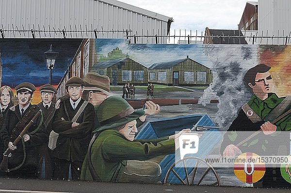 Paddy shoots  politisches Graffiti an einer Wand in West Belfast  das an den Bürgerkrieg zwischen Protestanten und Katholiken erinnert  Belfast  County Antrim  Nordirland  Vereinigtes Königreich  Europa