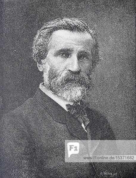 Giuseppe Fortunino Francesco Verdi  1813 bis 27. Januar 1901  ein italienischer Opernkomponist  1889  historischer Holzschnitt  Deutschland  Europa