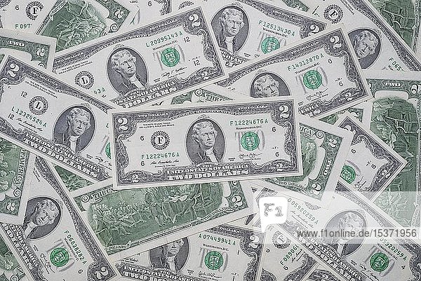 Viele US-amerikanische Banknoten, 2 US-Dollar, ausgegeben zum 200. Jahrestag der Unabhängigkeitserklärung, USA, Nordamerika