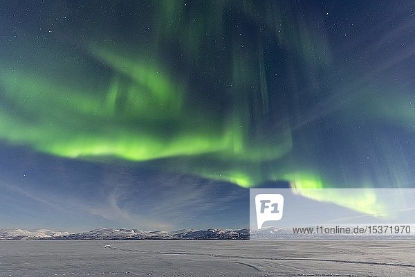 Nordlicht (Aurora Borealis) über verschneiten Bergen  Abisko National Park  Abisko  Lappland  Schweden  Europa