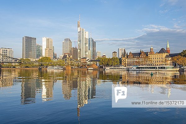 Eiserner Steg über den Main  Skyline  Hochhäuser im Bankenviertel im Morgenlicht  Frankfurt am Main  Hessen  Deutschland  Europa
