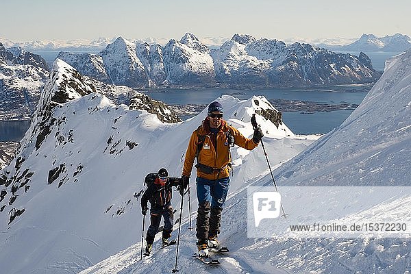 Ski mountaineers ascending to Rundfjellet  behind the Norwegian Sea  Svolvaer  Austvågøy  Lofoten  Norway  Europe