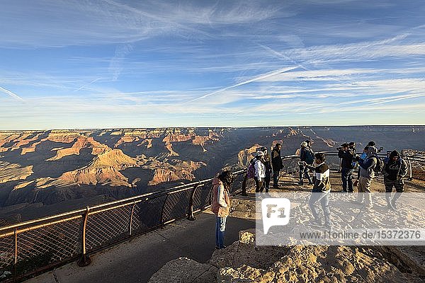 Viewpoint Mather Point with visitors  tourists  eroded rocky landscape  South Rim  Grand Canyon National Park  Arizona  USA  North America