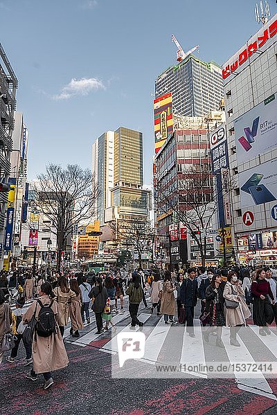 Menschenmenge auf dem Zebrastreifen am Bahnübergang  Bunkamura-Dori  Udagawacho  Shibuya  Tokio  Japan  Asien