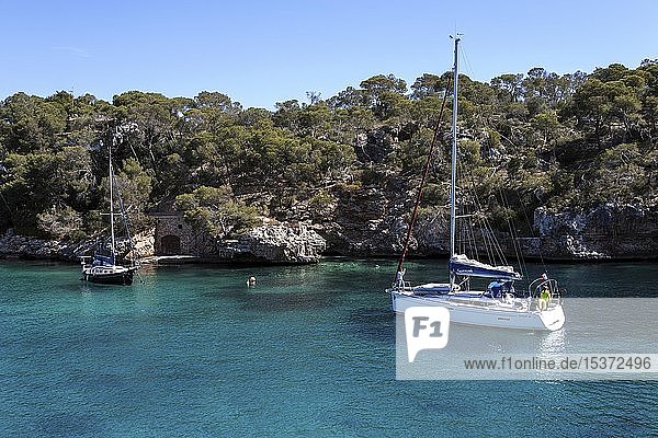 Sailboats anchor in the bay of Cala Figuera  Majorca  Balearic Islands  Spain  Europe