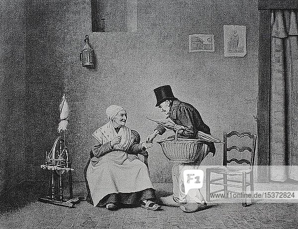Alte Frau bietet ihrem Mann eine Prise Schnupftabak an  1895  historische Illustration  Holland