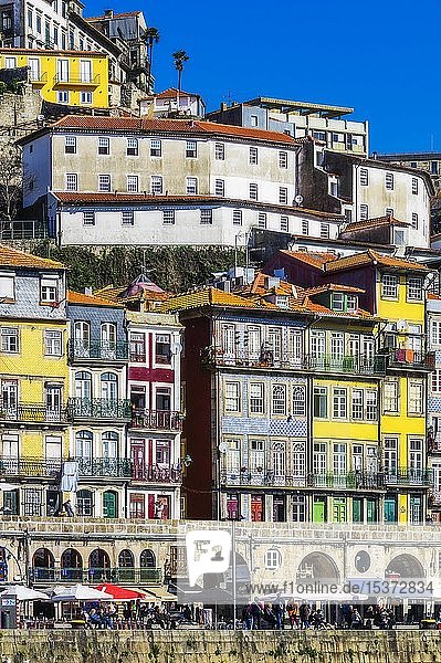 Colourful houses in the district Ribeira  Cais da Ribeira  promenade  Porto  Portugal  Europe