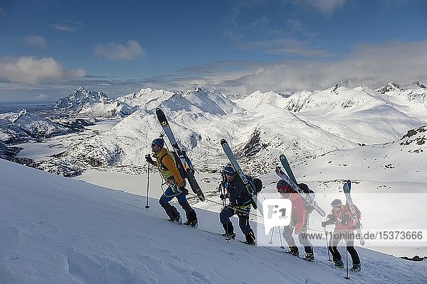 Mountain guide leads a rope team of ski mountaineers on Blåtinden  Svolvaer  Austvågøy  Lofoten  Norway  Europe