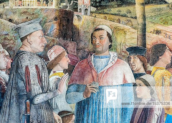 Treffen des Fürsten Ludovico mit seinem Kardinalsohn Francesco  Fresko von Andrea Mantegna  1465-1474  Renaissance  Camera degli Sposi  Castello di San Giorgio im Palazzo Ducale  Mantua  Lombardei  Italien  Europa